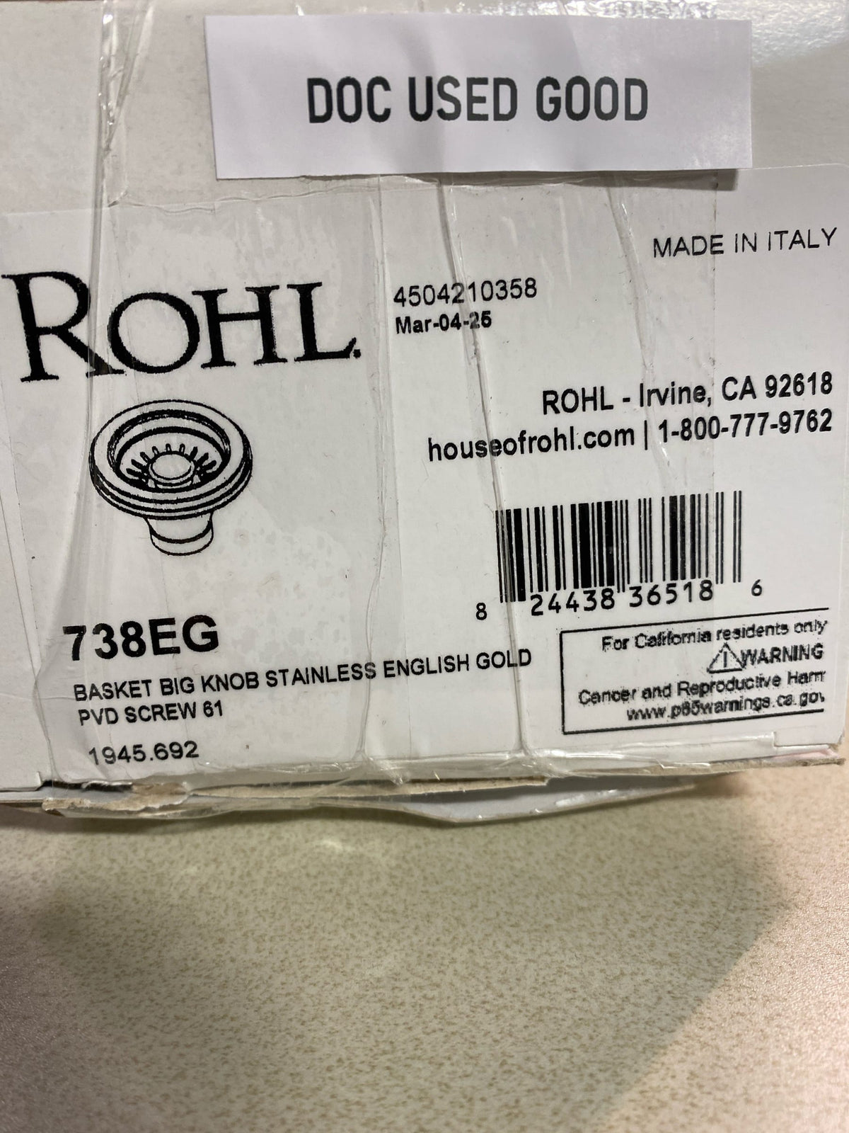 Rohl 738EG Kitchen Basket Strainer in English Gold