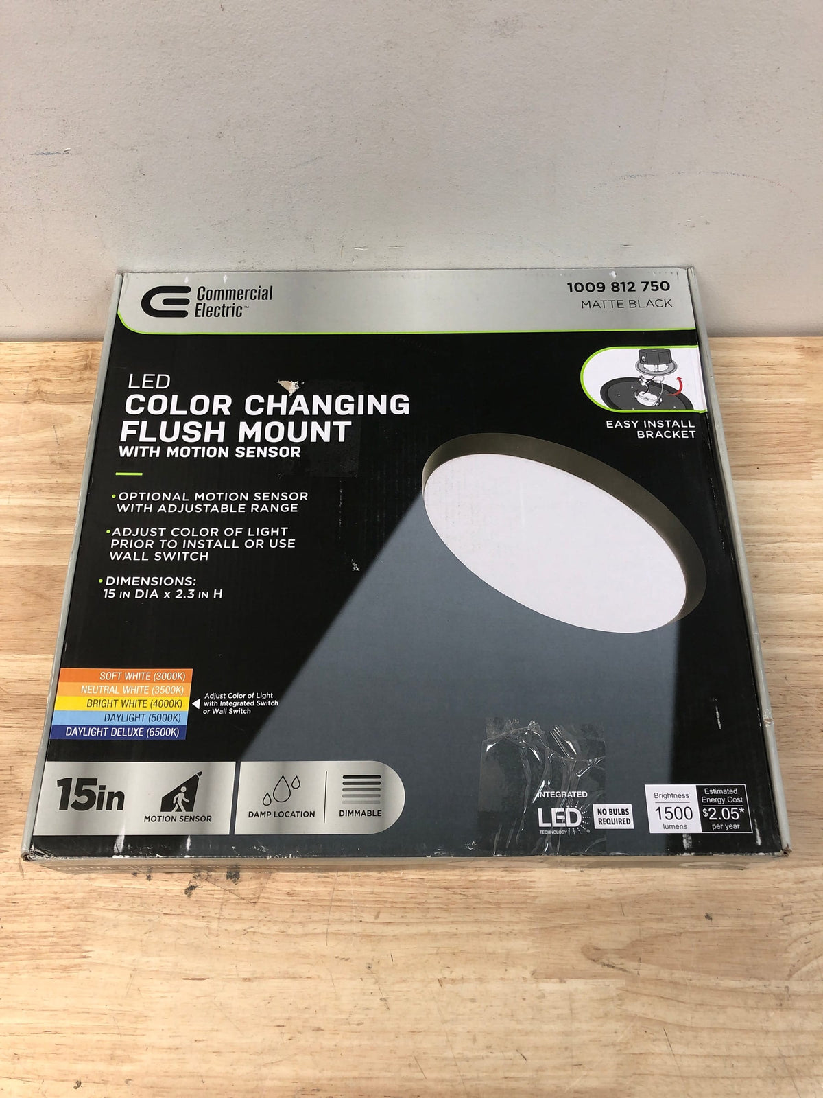 Commercial electric FM15LP6WYMMBKHD 15 in. Matte Black Integrated LED Dimmable Selectable CCT Flush Mount Indoor Ceiling Light