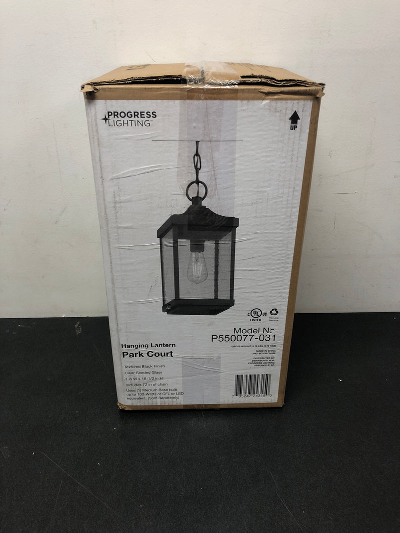 Progress lighting P550077-031 Park Court 1-Light Textured Black Traditional Outdoor Pendant Light with Clear Seeded Glass