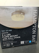 Hampton bay CG3aA015CR1D30 Hanafin 9 in. Light Brushed Nickel Adjustable CCT Integrated LED Flush Mount with Glass Shade and Pull Chain