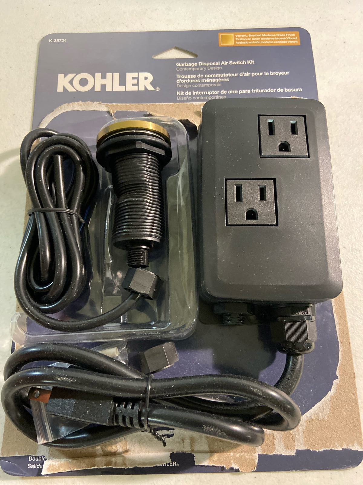 Kohler K-35724-2MB Contemporary Garbage Disposal Air Switch Kit - Vibrant Brushed Moderne Brass