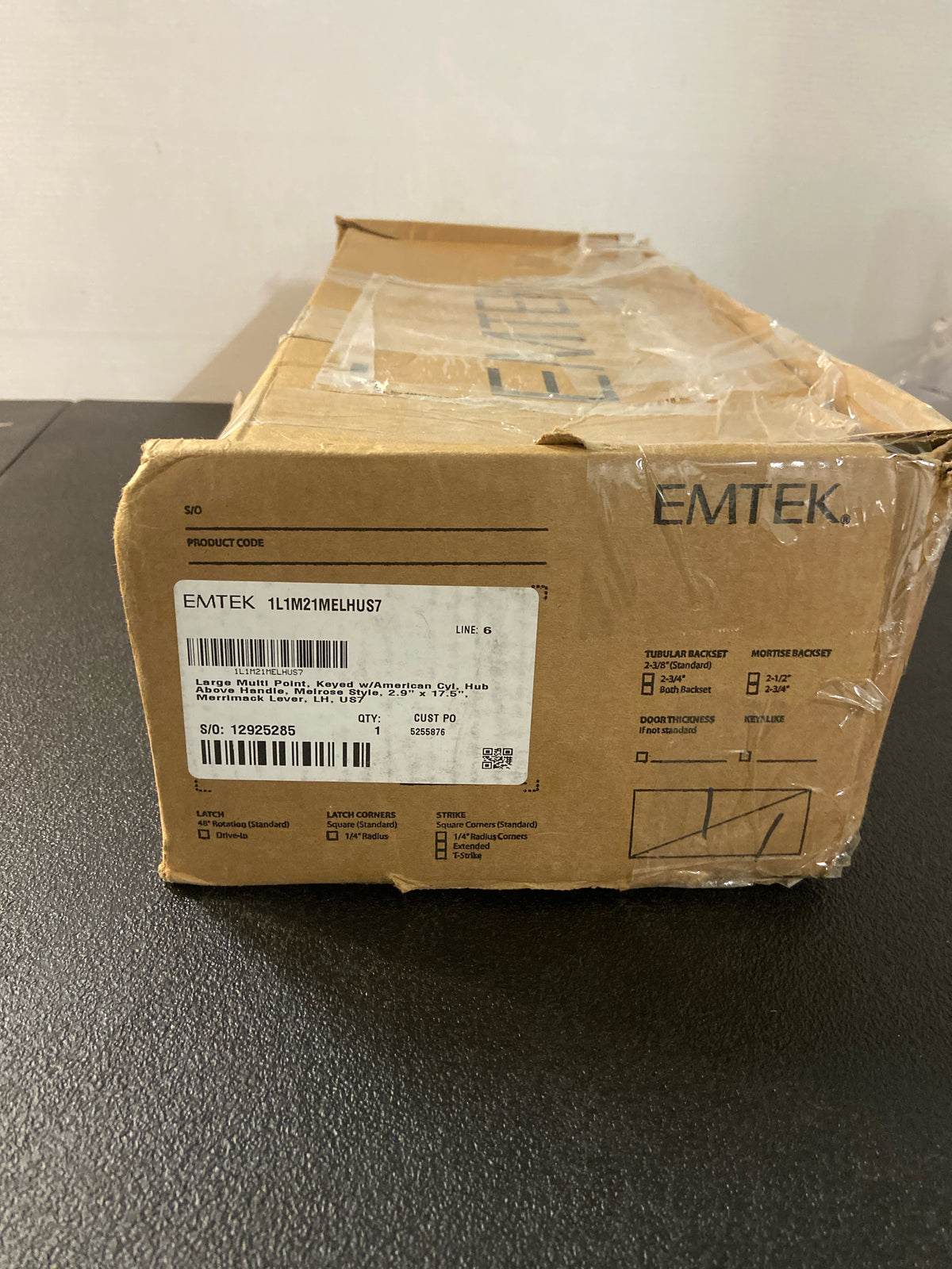 Emtek 1L1M21US7 LH Brass Modern Door Configuration 2 or 4 Keyed Entry Multi Point Trim with American Cylinder Above Handle - French Antique Merrimack Lever