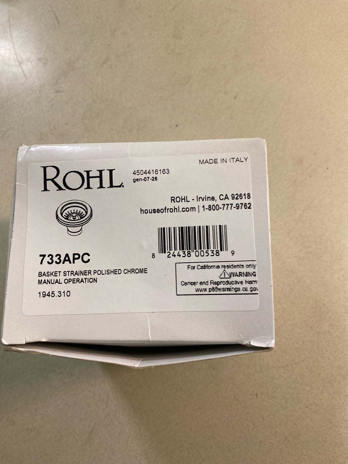 ROHL 733APC Manual Basket Strainer w/out Remote Pop-Up