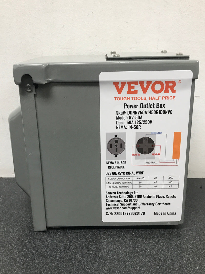 Vevor DGNRV50A1450RJD0NV0 RV Power Outlet Box Indoor/Outdoor 50 Amp 125-Volt/250-Volt Receptacle Panel NEMA 14-50R Single Outlet for RV Camper Car