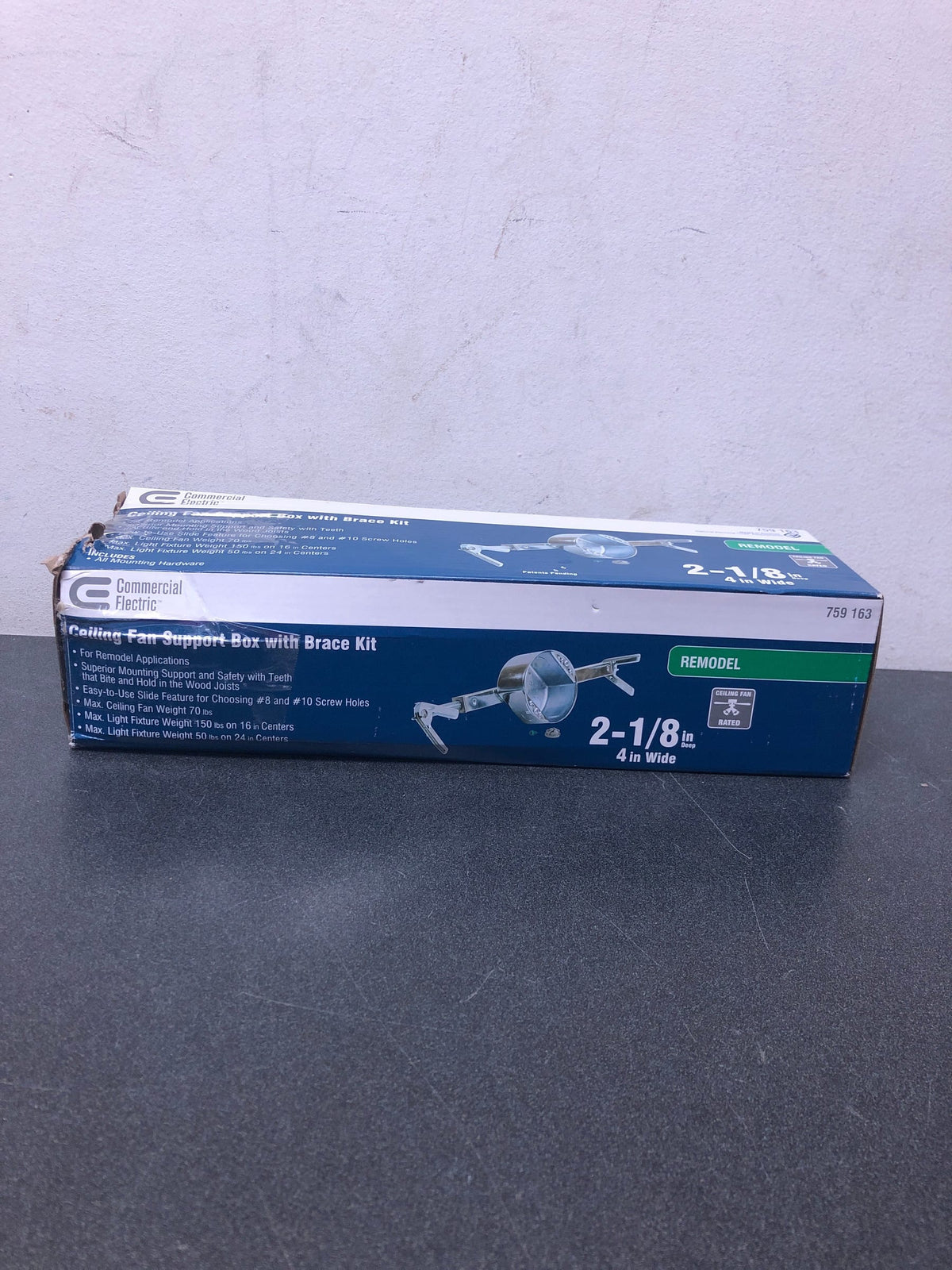 Commercial electric CMB218-OB 4 in. Round 2-1/8 in. Deep 21.5 cu. in. Metallic Ceiling Fan/Light Fixture Box and Brace Kit for Old/New Work