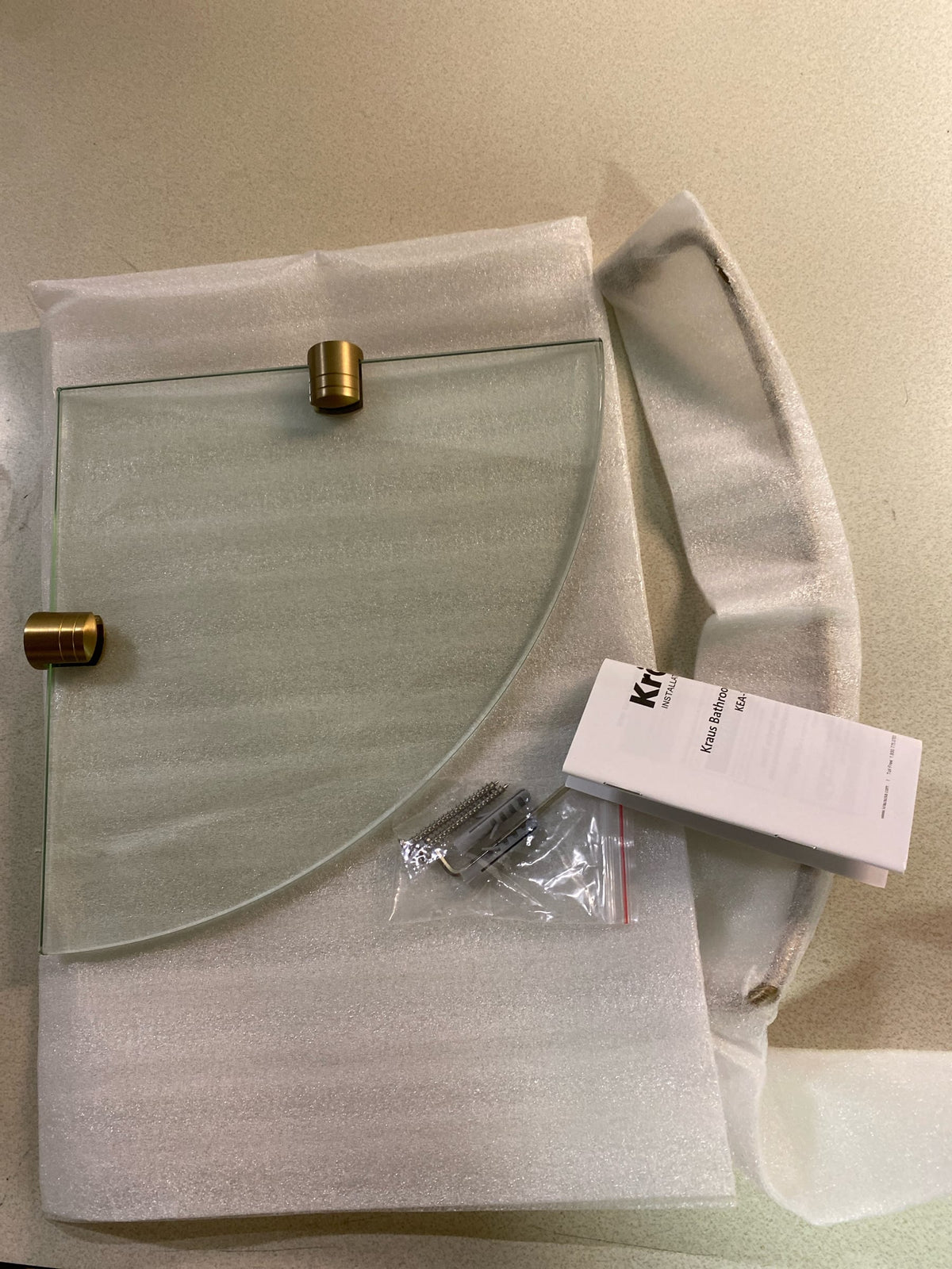 Kraus Elie Glass Bathroom Corner Shower Shelf with Rail in Brushed Gold, KEA-18846BG