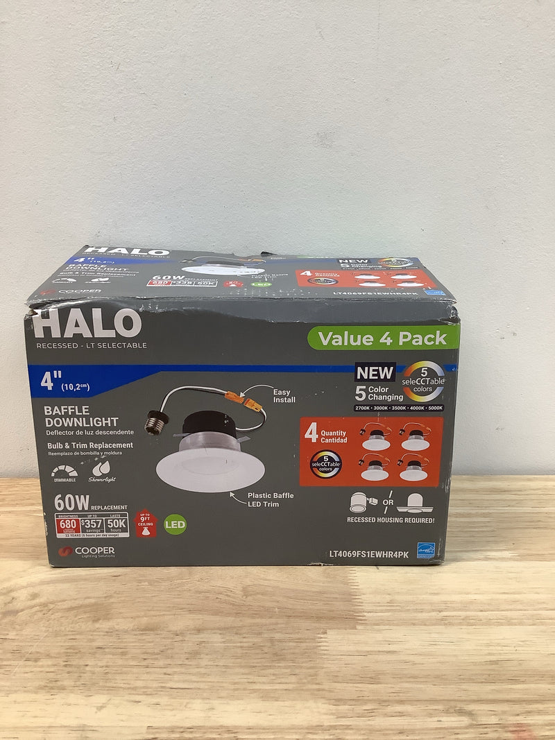 Halo LT4069FS1EWHR4PK LT 4 in. Selectable 5CCT IC Rated Indoor Integrated LED Recessed Light with Baffle Trim 650-Lumens, Matte White (4-Pack)