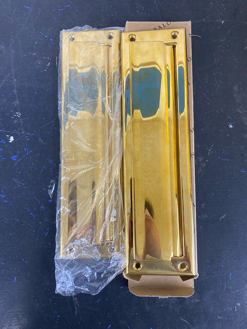 Baldwin 0014.044 Package Sized Spring Tension Brass Letter Box Plate with Hinged Interior Cover - Lifetime PVD Satin Brass
