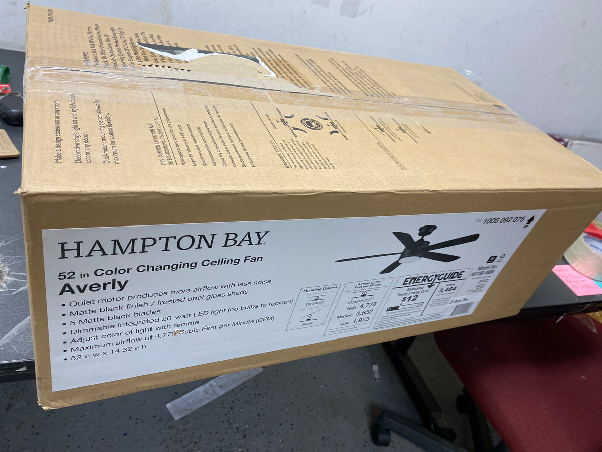 Hampton bay AK18B-MBK Averly 52 in. Indoor Matte Black Ceiling Fan with Adjustable White Integrated LED with Remote Control Included