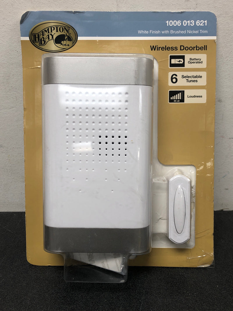 Hampton bay HB-7314-00 Wireless Battery Operated Doorbell Kit with Wireless Push Button, White and Nickel