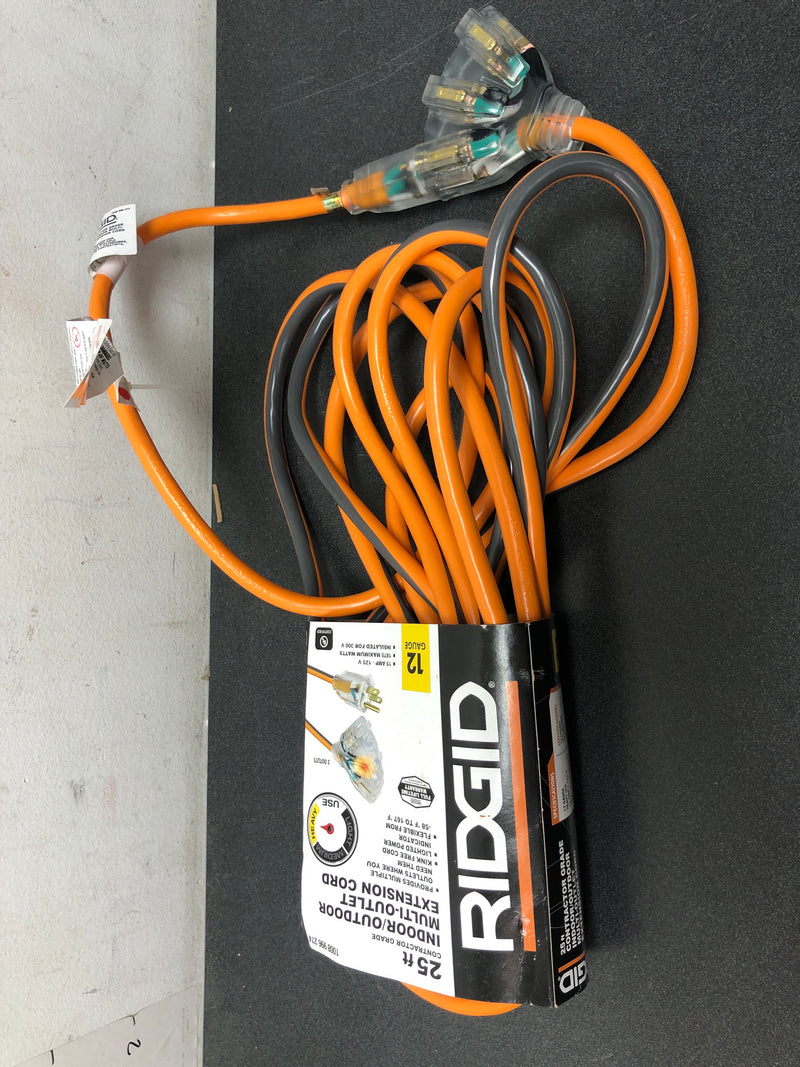 Ridgid 76025RGD 25 ft. 12/3 Heavy Duty Indoor/Outdoor Extension Cord with Tritap Lighted End, Orange/Grey