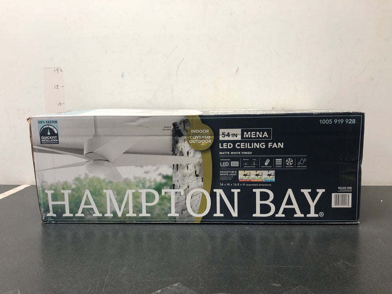 Hampton bay 99918 Mena 54 in. White Color Changing Integrated LED Indoor/Outdoor Matte White Ceiling Fan with Light Kit and Remote Control