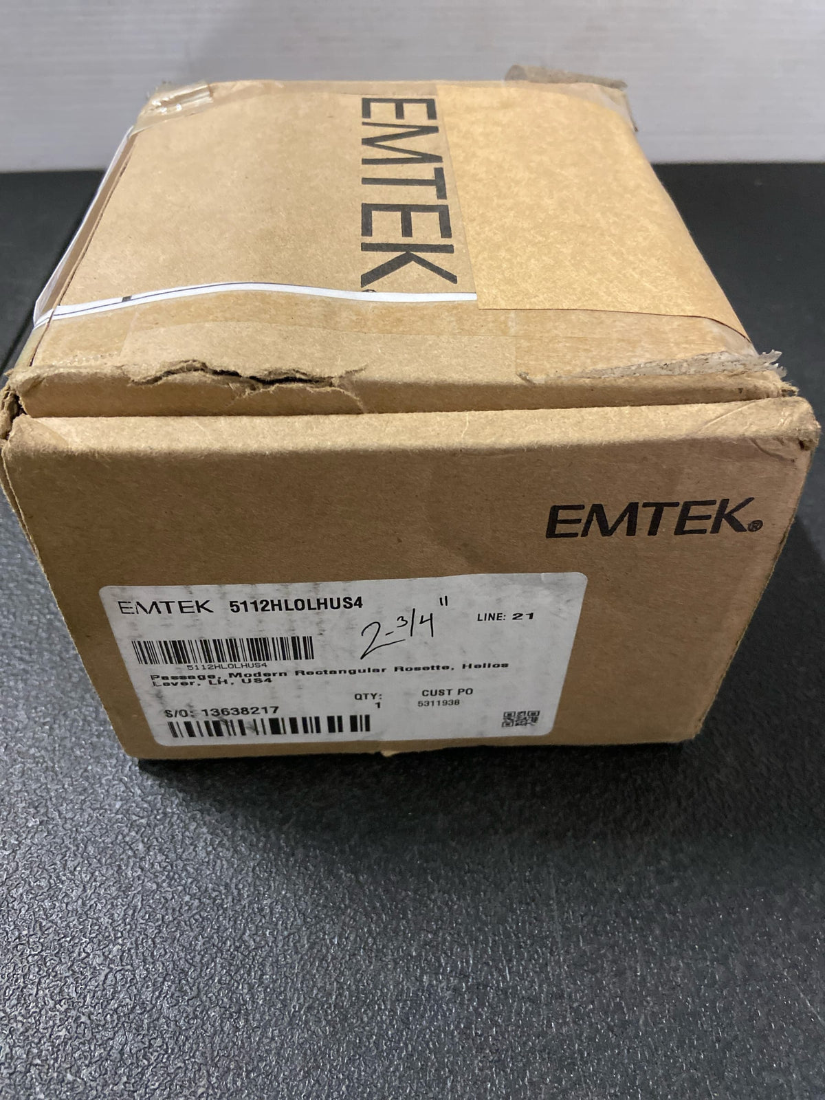 EMTEK Modern Rectangular Rosette Passage Set with Matching Finish Helios Lever - Choice of Left/Right Handing and 7 Finishes - 5112HLOLHUS4 - Left Handed (LH) - Satin Brass (US4)