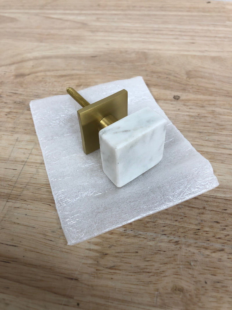 Signature Hardware 484112 Jarek 1-1/4 Inch Diameter Square Cabinet Knob - White Marble / Satin Brass