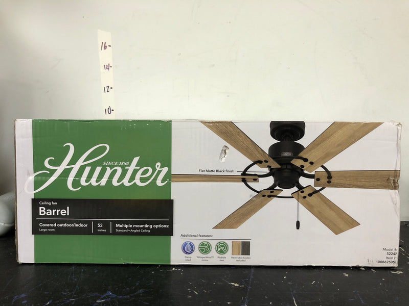 Hunter 52242 Barrel 52 in. Indoor/Outdoor Matte Black Ceiling Fan Included For Patios or Bedrooms