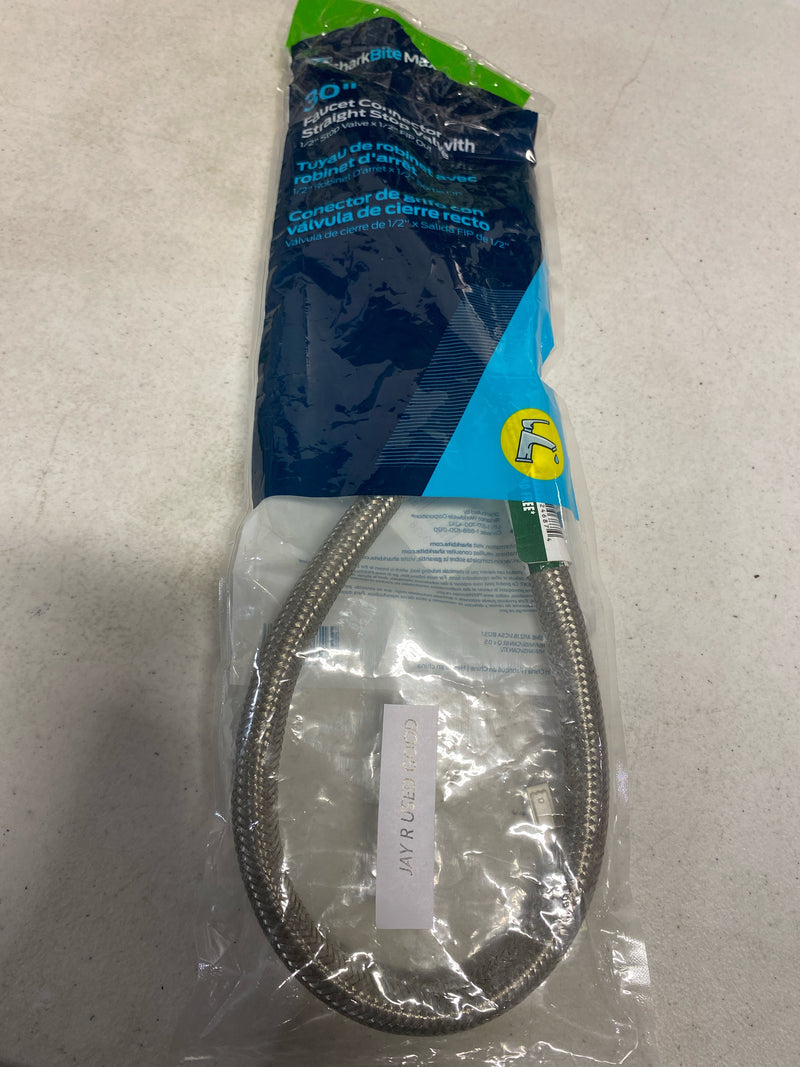 SharkBite Max 30 In. Stainless Steel Braided Faucet Connector with Straight Stop Valve, 1/2 Inch PTC x 1/2 Inch FIP, PEX Pipe, Copper, CPVC, PE-RT, HDPE, UR24687