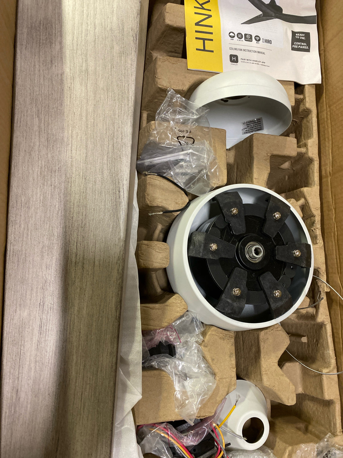 Hinkley Chisel 52" Indoor/Outdoor Smart Ceiling Fan with Remote - Damp-Rated, Modern Wooden Propeller Style Fan Blades - Matte White + Weathered Wood blades