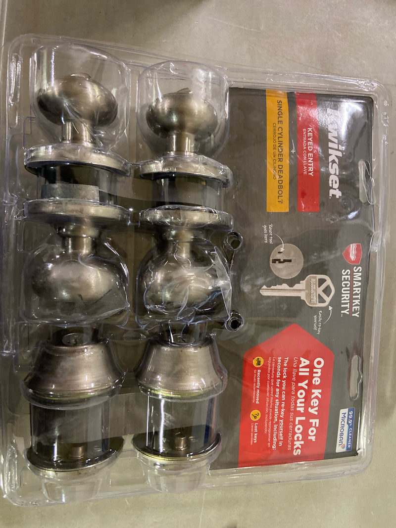 Kwikset T242CV15SMTCPCO Cove Satin Nickel Keyed Entry Door Knob and Single Cylinder Deadbolt Project Pack featuring SmartKey and Microban