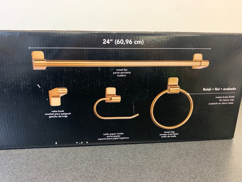 Globe Electric 51695 Positano 4 Piece Bathroom Hardware Set with Towel Bar, Towel Ring, Toilet Paper Holder, and Robe Hook - Matte Brass