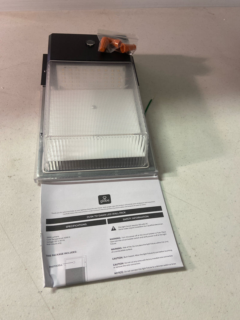 GLOBE Electric 23W Black Wall Pack 2000 Lumens Hardwired Automatic Dusk to Dawn Outdoor Integrated LED Flood Light Security Light, Spotlight, Outside House Lights