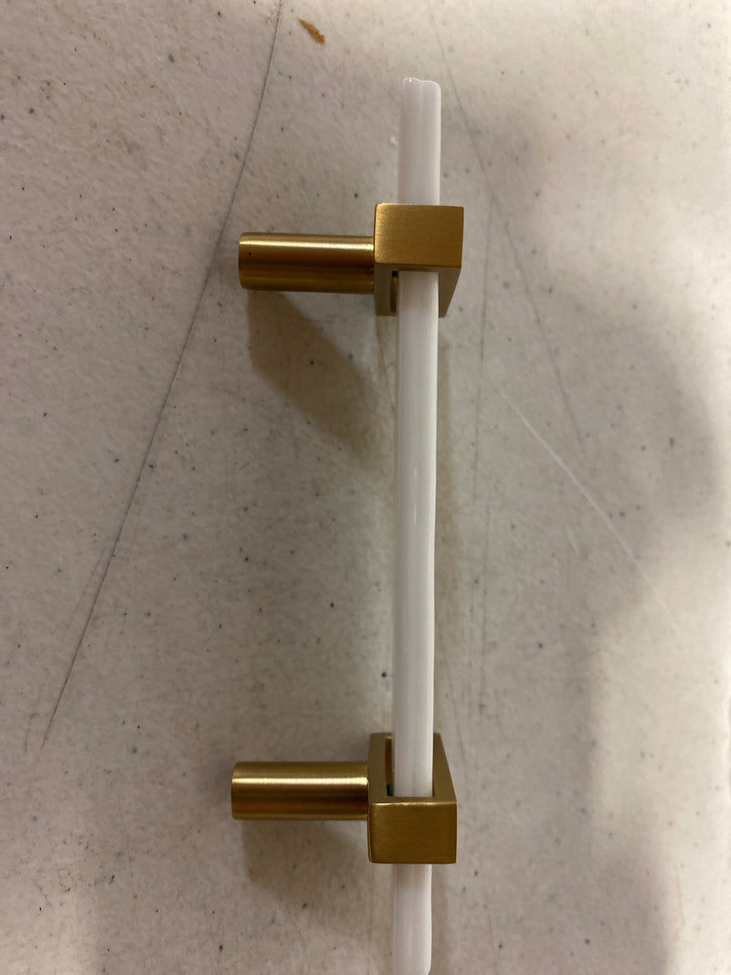 Sietto P-1901-5.5-SB Adjustable Center to Center 5-1/2 Inch Long Handle Cabinet Pull with White Glass - Satin Brass
