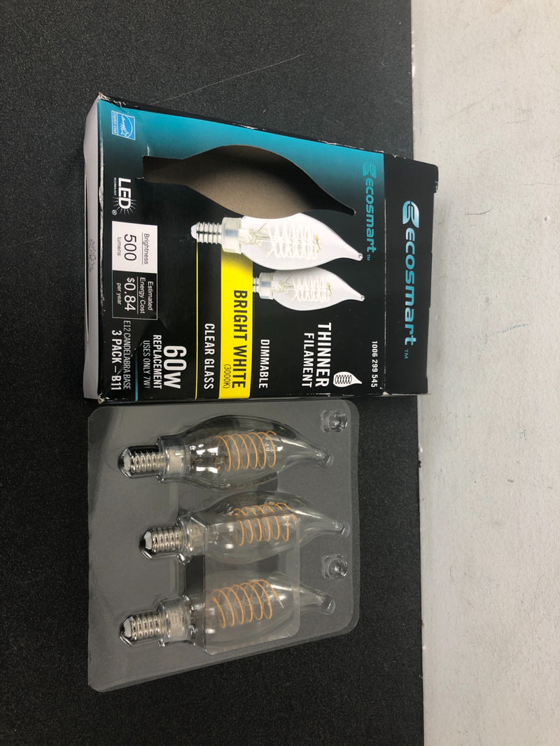 Ecosmart BA11C7E12830S 60-Watt Equivalent BA11 Dimmable E12 Candelabra Fine Bendy Filament LED Vintage Edison Light Bulb Bright White (3-Pack)