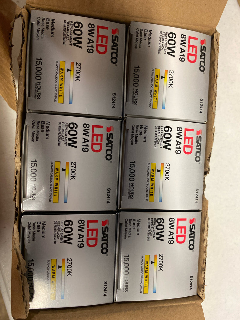 Satco S12414-8 8 Watt LED A19; Clear; Medium Base; 2700K; 90 CRI; 120 Volt; 800L Lumens; Dimmable; 15000 Hours Rated; 6 Pack