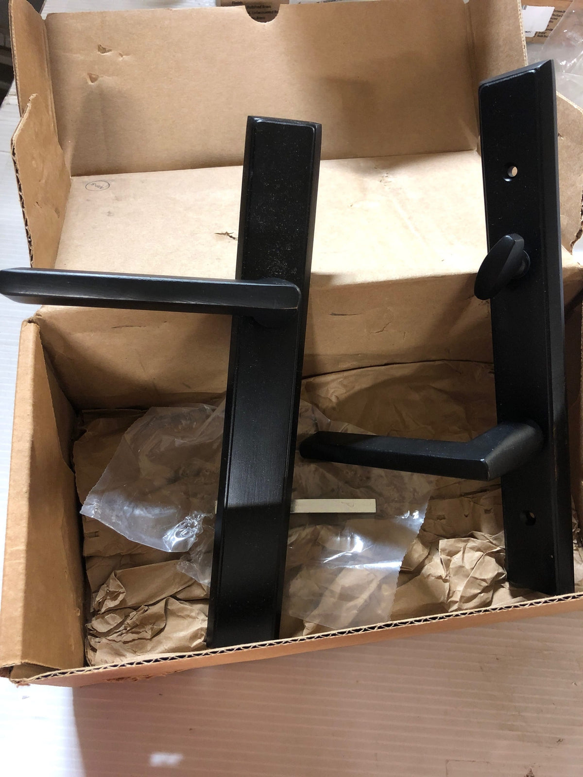 Emtek 1453US19 Sandcast Bronze Door Configuration 4 Thumbturn Multi Point Narrow Trim Lever Set with American Cylinder Above Handle - Flat Black