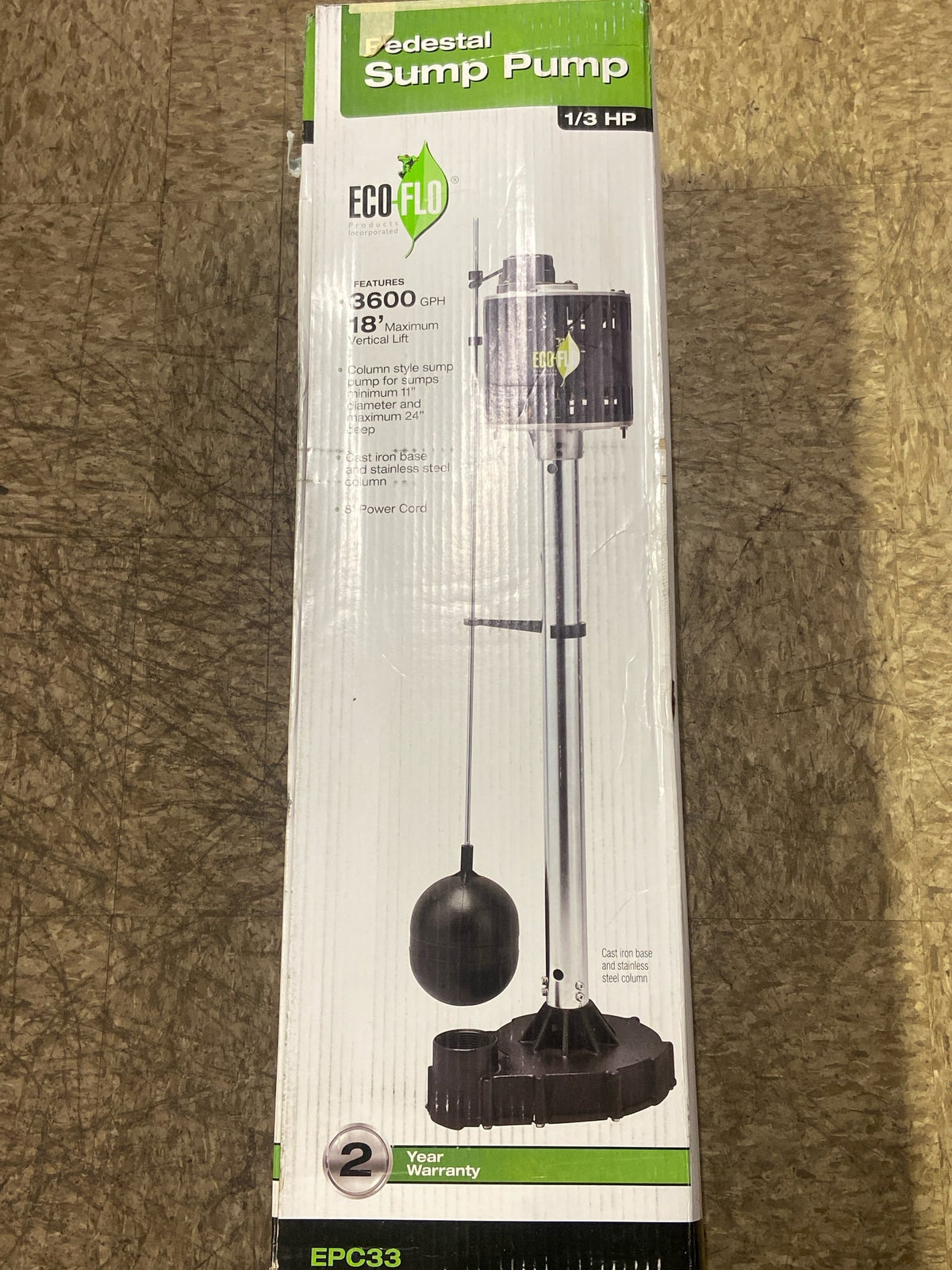 ECO-FLO Products EPC33 Pedestal Sump Pump with Vertical Float Switch, 1/3 HP, 3,480 GPH