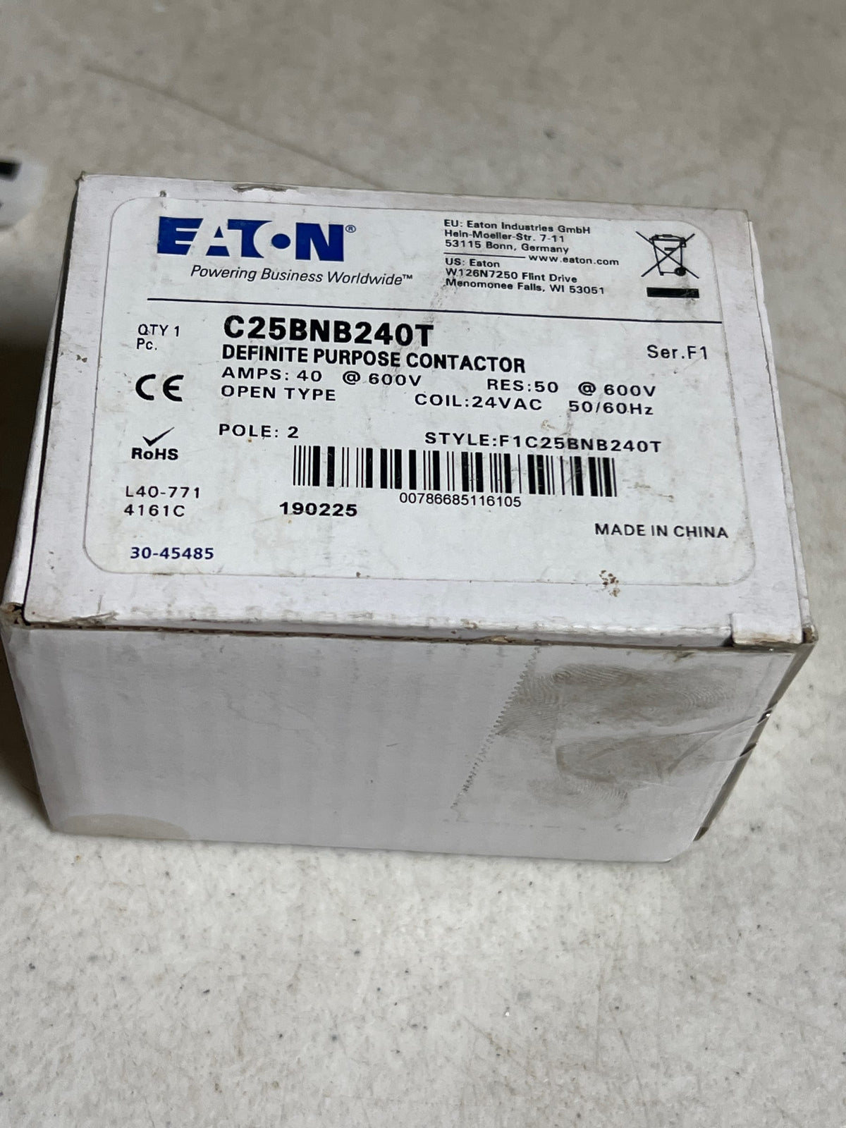 Eaton C25BNB240T Compact Definite Purpose Contactor, 40A Inductive Current Rating, 3 Max HP Rating at 115V, 7.5 Max HP Rating at 230V, 24VAC Coil Voltage