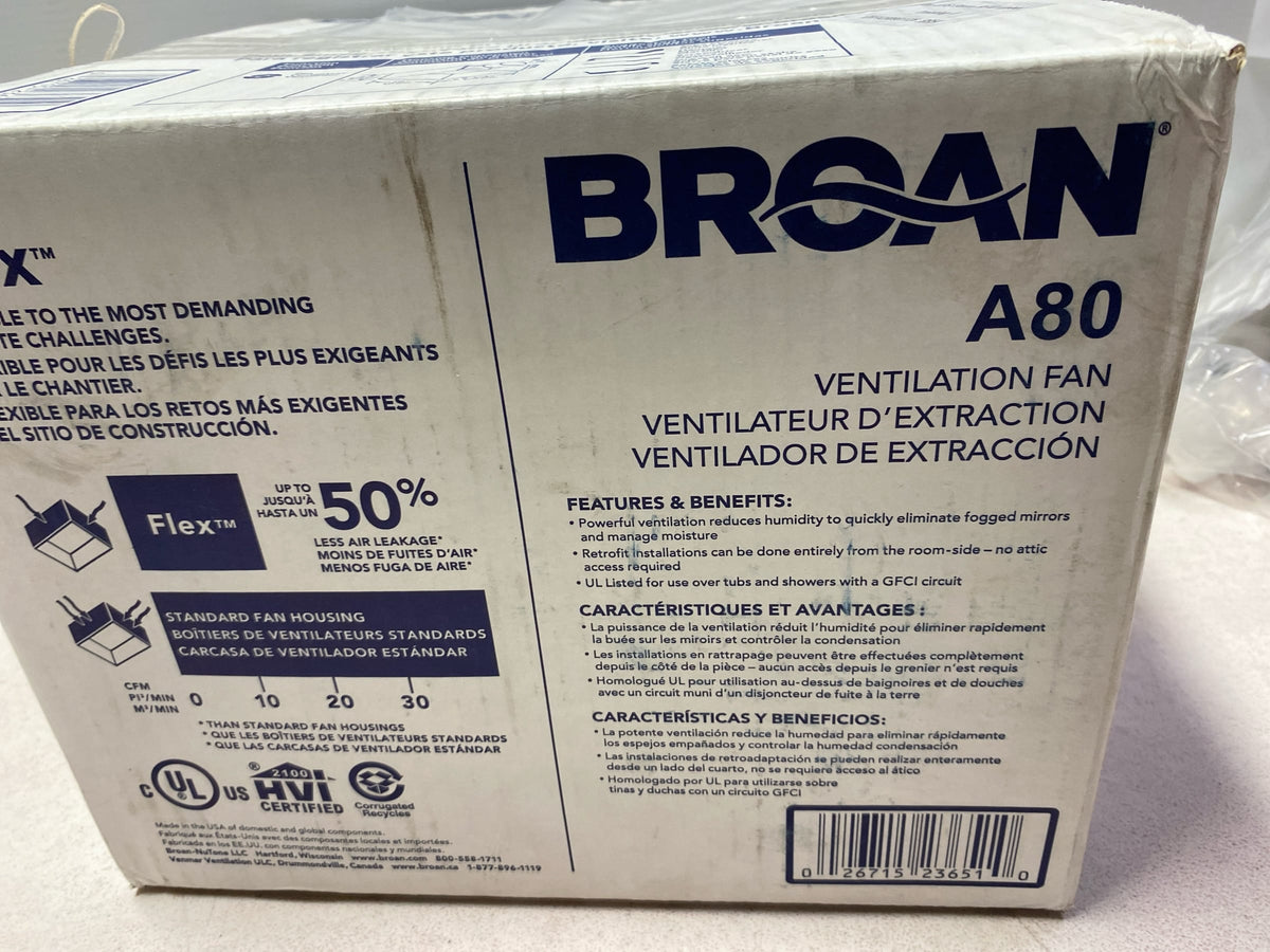 Broan A80 80 CFM 2 Sone Ceiling Mounted Bath Fan - White
