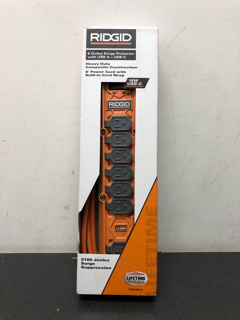 Ridgid RG608UC 8 ft. Cord 6-Outlet, 2.4 Amp USB-A, 15-Watt USB-C, 2100J Surge Protector