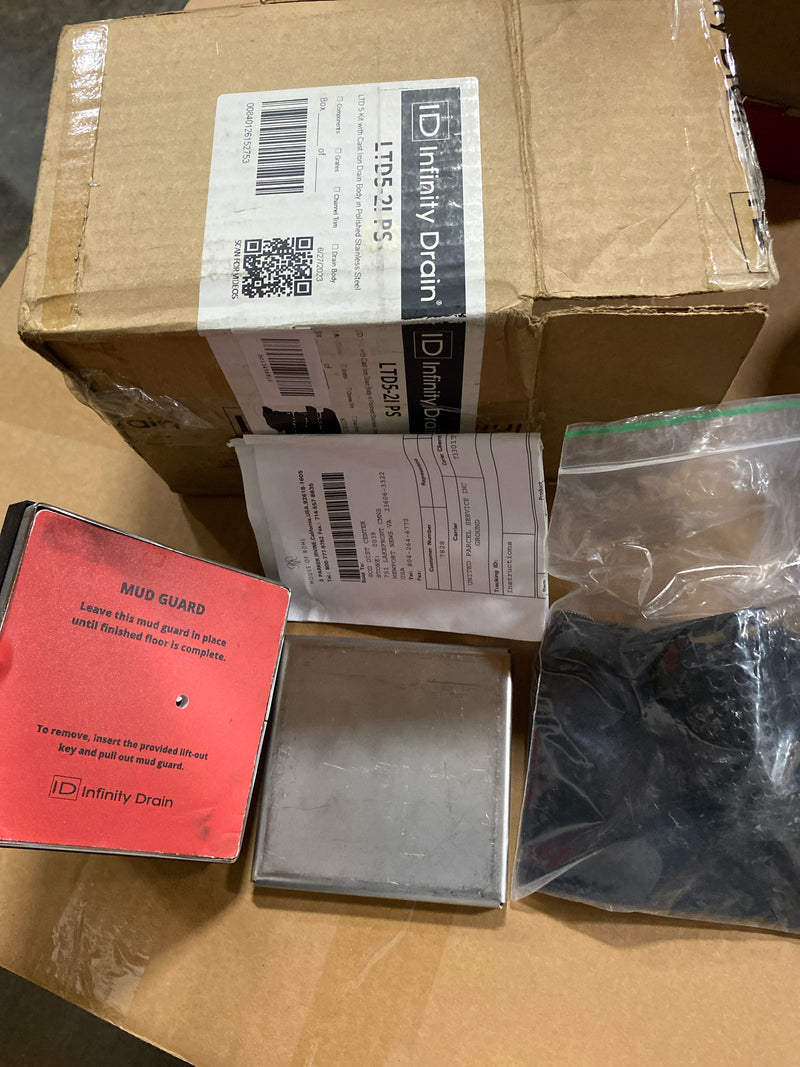 Infinity Drain LTD5-2I PS 5" x 5" LTD 5 Center Drain Kit with Cast Iron Drain Body, 2" Outlet - Polished Stainless