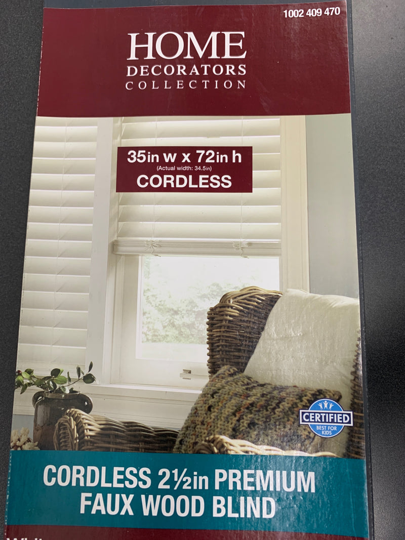 Home decorators collection 10793478362516 White Cordless Room Darkening 2.5 in. Premium Faux Wood Blind for Window - 35 in. W x 72 in. L