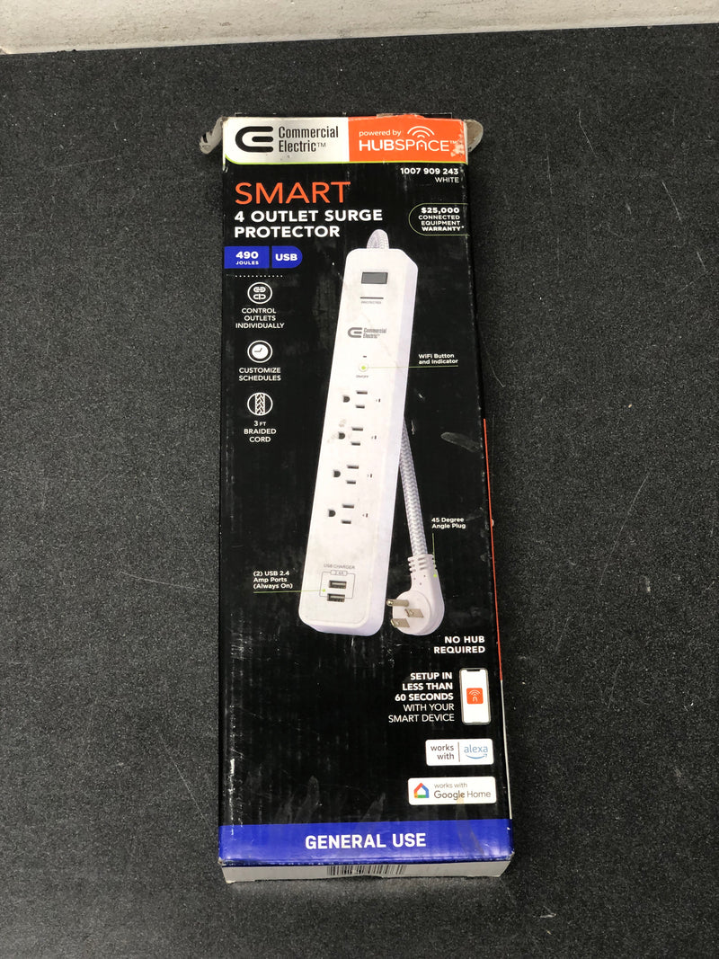 Commercial electric LTS-4G-W-1 3 ft. 4-Outlet White Surge Protector Smart with USB Powered by Hubspace