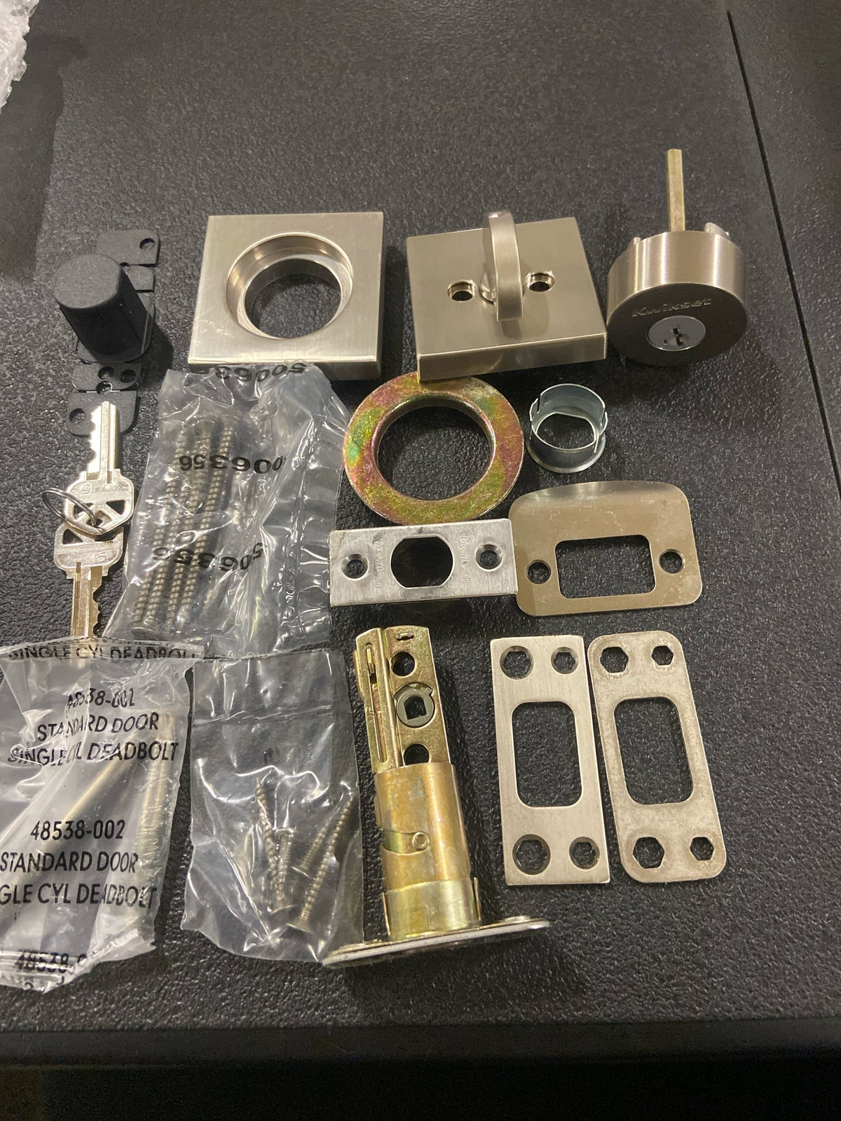 Kwikset 158SQT-15S.STRKP Halifax Square Rose Single Cylinder Deadbolt SmartKey with 6AL Latch and Square Corner, Round Corner and 5303 Round Corner Full Lip Strikes KA3 - Satin Nickel
