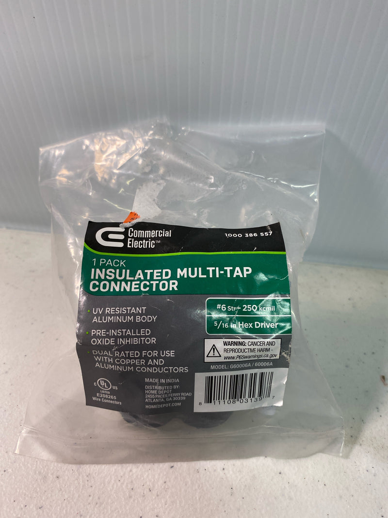 Commercial electric G60006A 6 AWG to 250 MCM Dual-Rated 2-Port 1-Sided Entry Insulated Multiple Tap Connector, Black