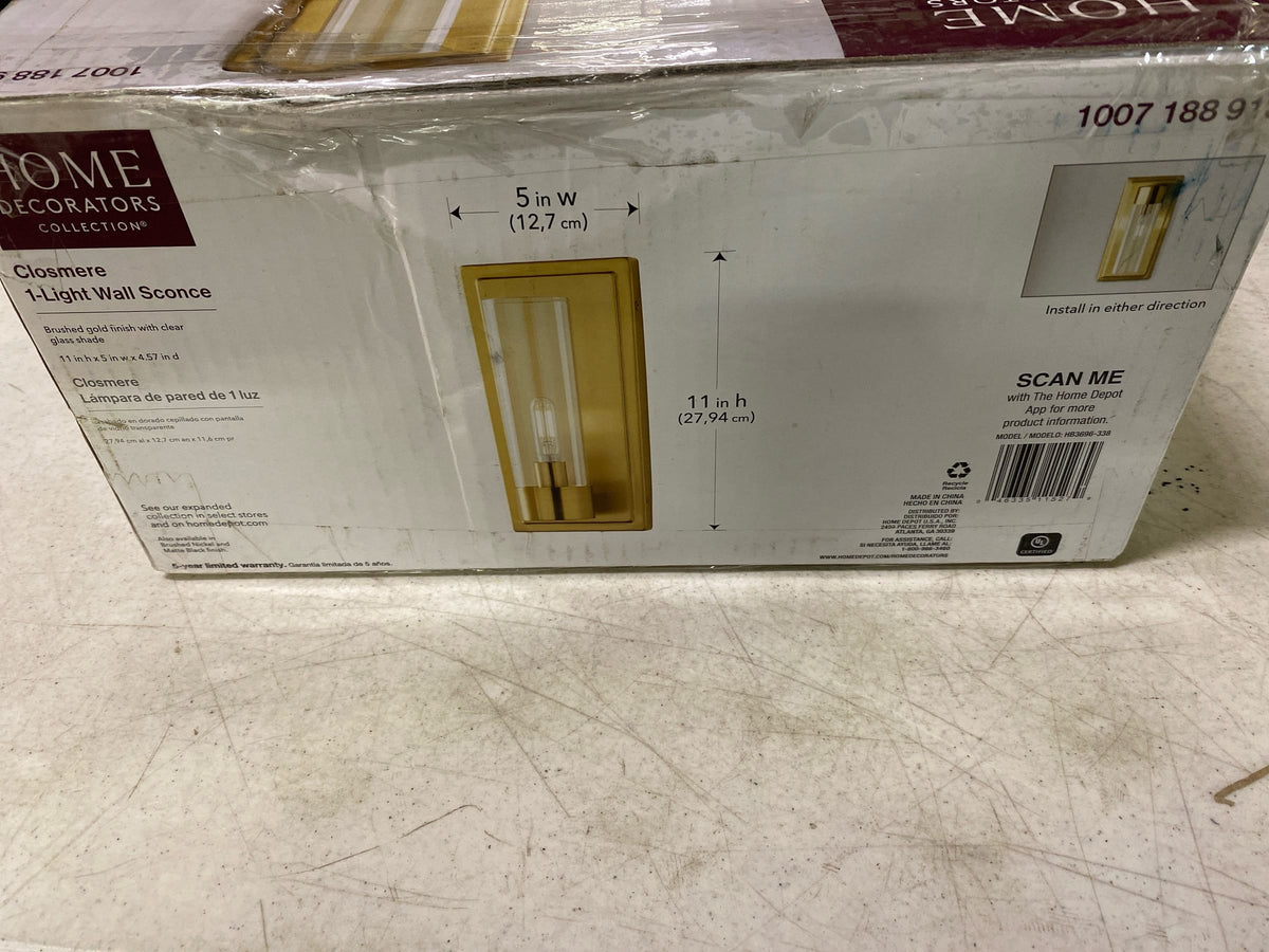 Closmere 5 in. 1-Light Brushed Gold Mid-Century Modern Wall Sconce with Clear Glass Shade