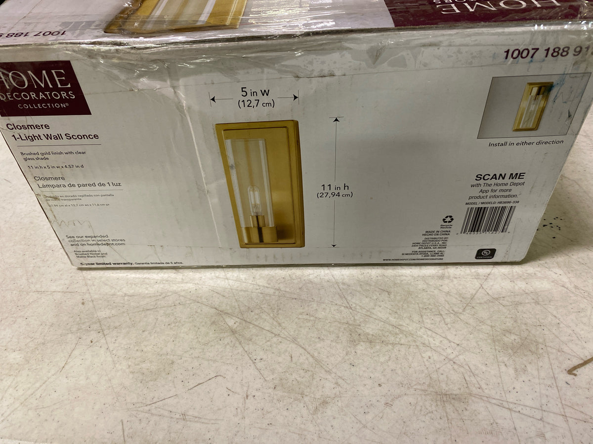Closmere 5 in. 1-Light Brushed Gold Mid-Century Modern Wall Sconce with Clear Glass Shade