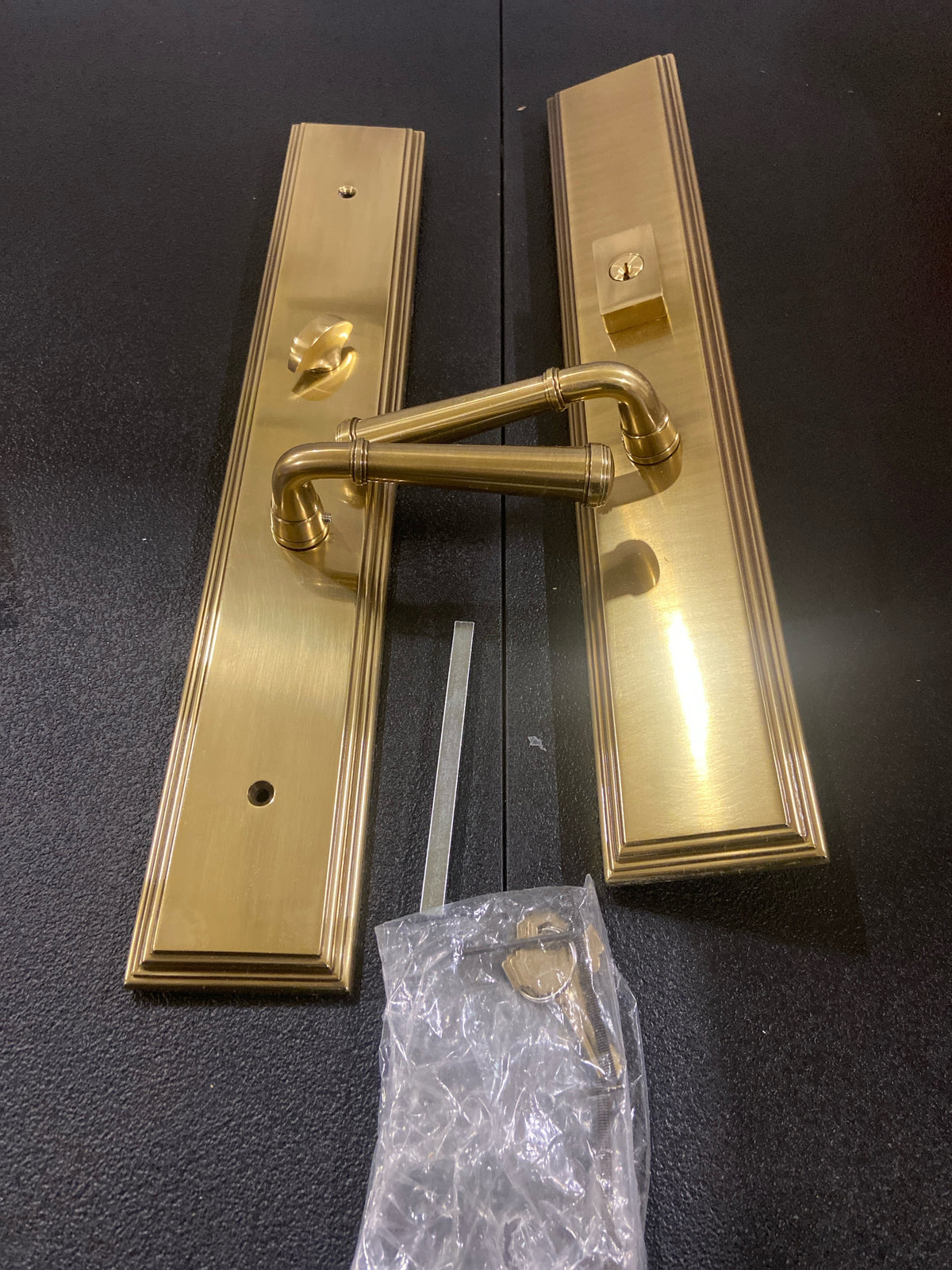 Emtek 1L1M21US7 LH Brass Modern Door Configuration 2 or 4 Keyed Entry Multi Point Trim with American Cylinder Above Handle - French Antique Merrimack Lever