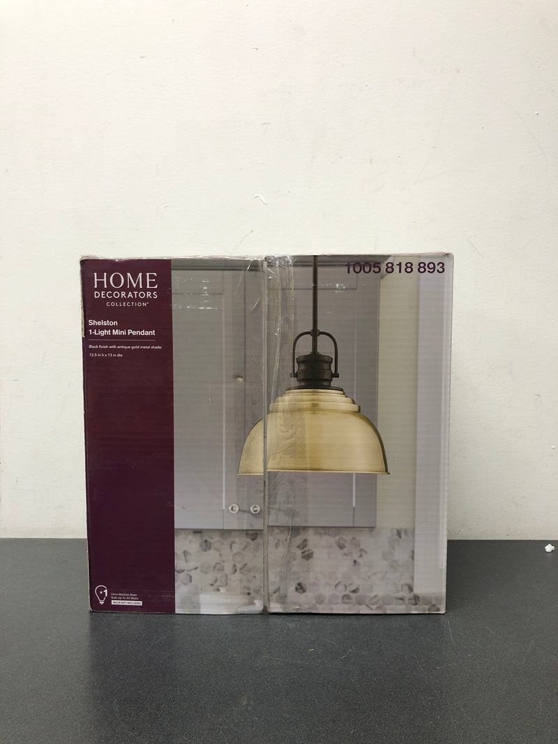 Home decorators collection RS20190724-1-AG Shelston 13 in. 1-Light Antique Gold and Black Farmhouse Pendant Light Fixture with Metal Shade
