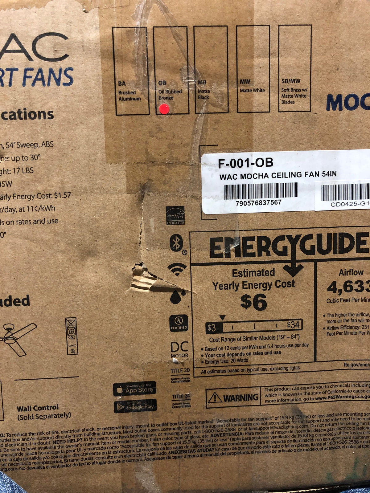 WAC Lighting F-001-OB Mocha 54" Outdoor Ceiling Fan & Remote, Oil Rubbed Bronze