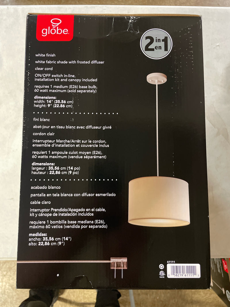 Globe electric 61111 Sutton 1-Light White Fabric Shade Plug-In or Hardwire Pendant Lighting with 15 ft. Cord