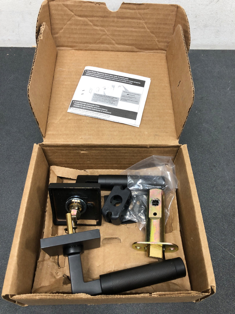 Emtek 5110US19.LSUS19.KNUS19.RH Knurled L-Square Right Handed Passage Door Lever Set with Square Rose from the SELECT Brass Collection - Flat Black
