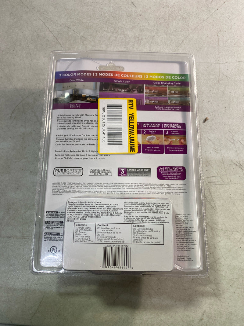 Black+decker LEDUC-PUCK-5RGBK LED Puck Light Kit, RGB Color Changing, (5-Pack)