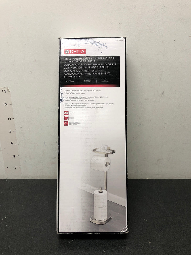 Delta 46609-FN Freestanding Toilet Paper Holder with Shelf and Reserve in Flat Nickel