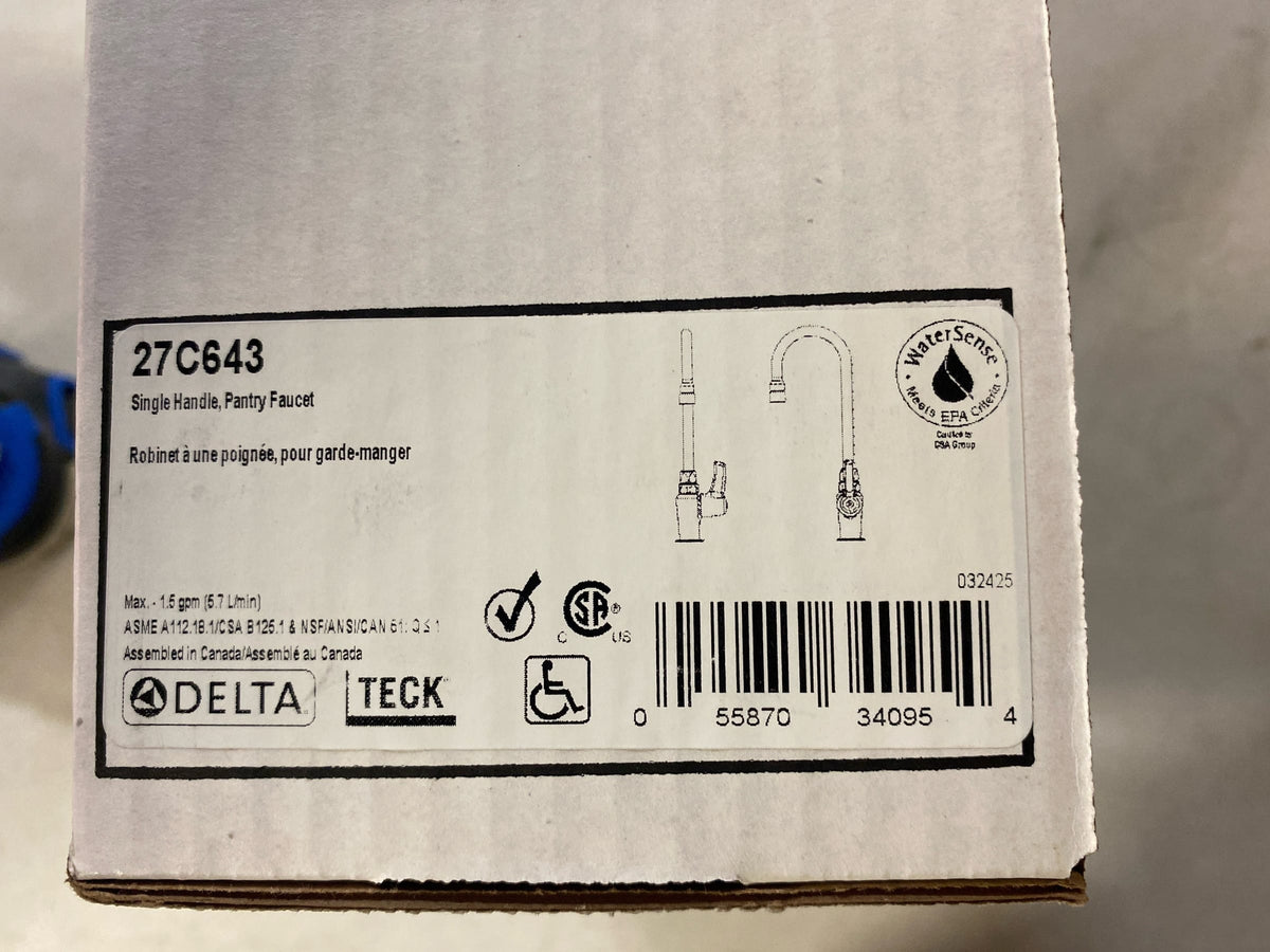 Delta 27C643 Single Handle 1.5GPM Ceramic Disc Pantry Faucet with Lever Blade Handle and Gooseneck Spout from the Commercial Series - Cold Water Only - Chrome