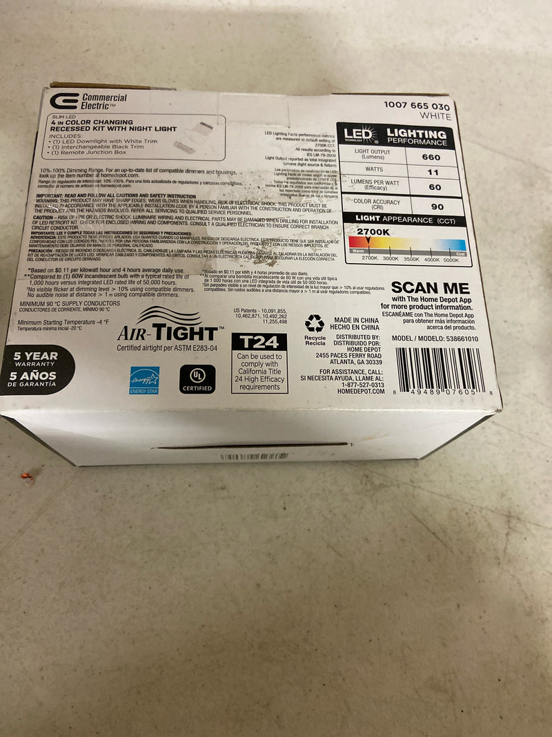 Commercial electric 538661010 4 in. Square Canless Adjustable CCT Integrated LED Recessed Light Trim Night Light Feature and Black Trim Option