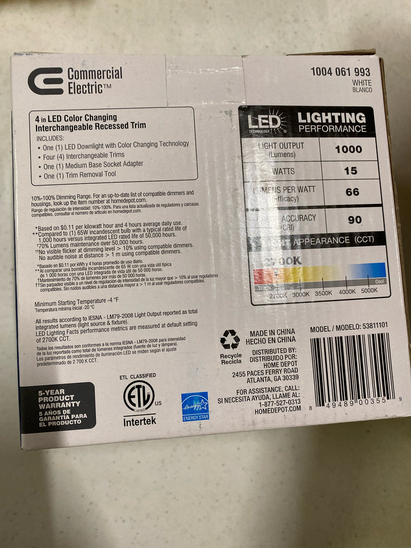 Commercial electric 53811101 4 in. Adjustable CCT Integrated LED Recessed Light Trim Can Light with 4 Trim Color Trim Options 1000 Lumens Dimmable