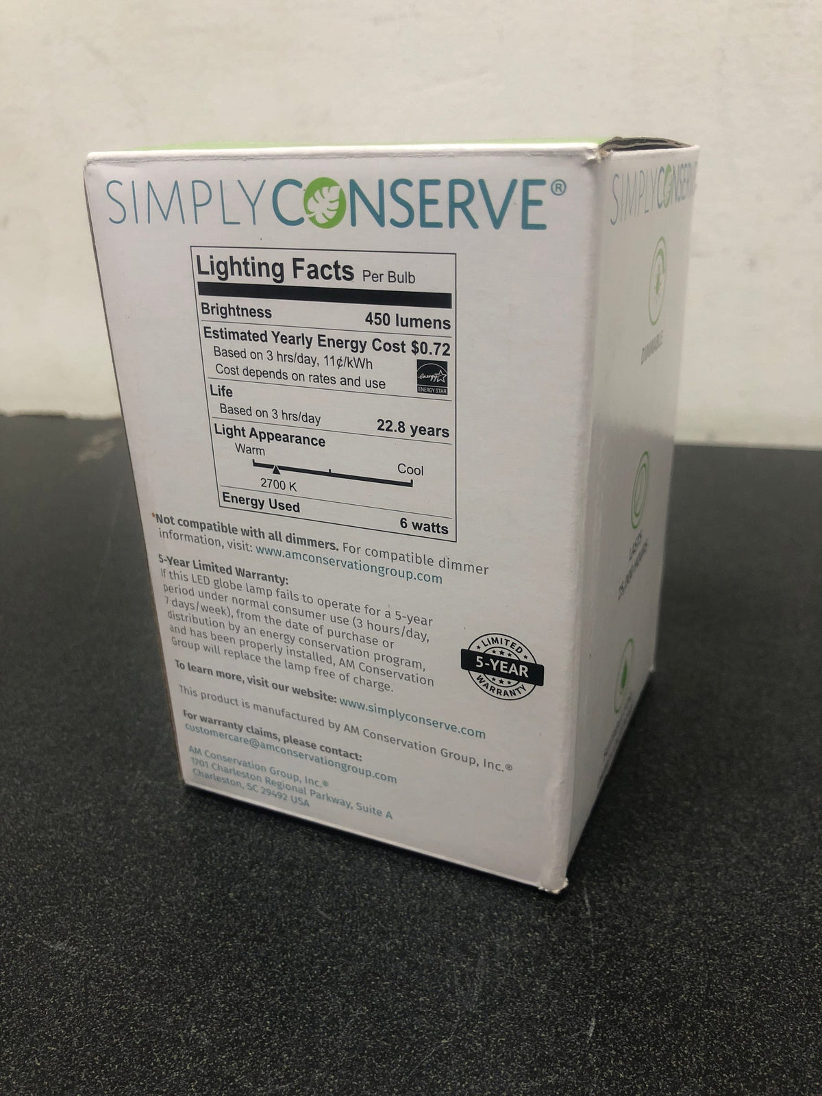 SIMPLY CONSERVE DECORATIVE GLOBE LED 6W (40W) WARM WHITE DIMMABLE BULB NEW NIB💡